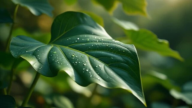 A large green leaf with dew drops, in a lush garden, morning light