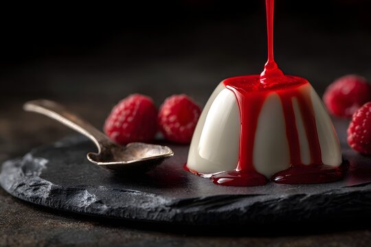 Dynamic commercial food photography of vanilla panna cotta with raspberry coulis on dark slate, generative ai.
