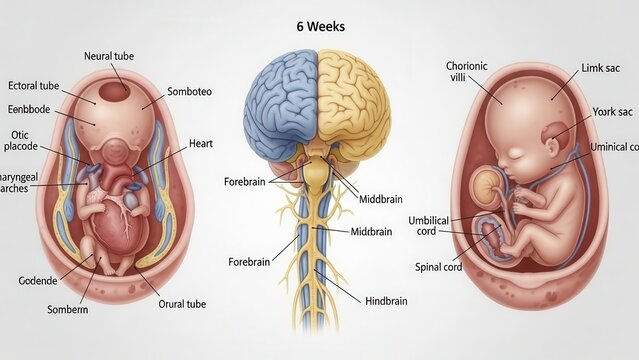 Detailed illustration of human embryonic development at 6 weeks