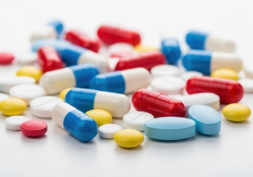 Assorted colorful pills and capsules scattered in a pile isolated on white background