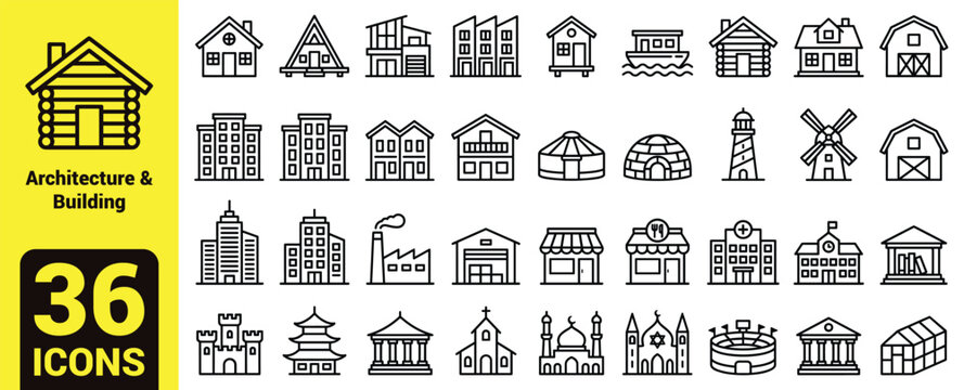 Architecture and Building Line Icon Set featuring Residential Houses, Modern Skyscrapers, Religious Temples, Commercial Stores, Industrial Factories, and Historic Landmarks.
