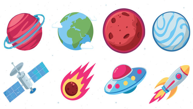 Set of space elements including planets, satellite, meteor, ufo, and rocket in starry sky