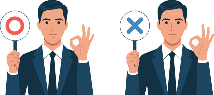 Businessman showing correct answer circle symbol and incorrect answer cross symbol, gesture, business concept.