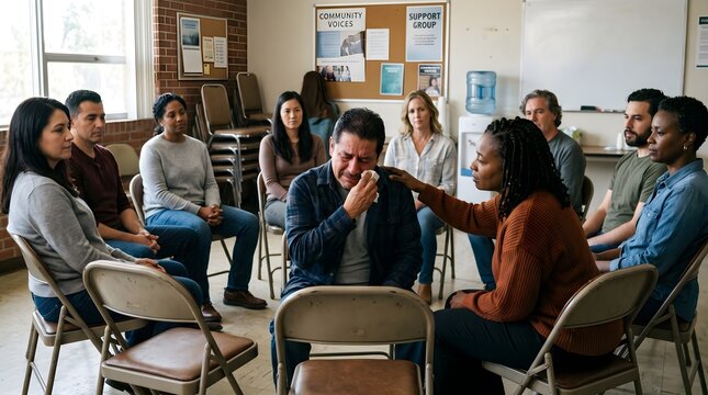 A Photorealistic Shot of an Authentic Empathy And Support Group Hug Therapy
