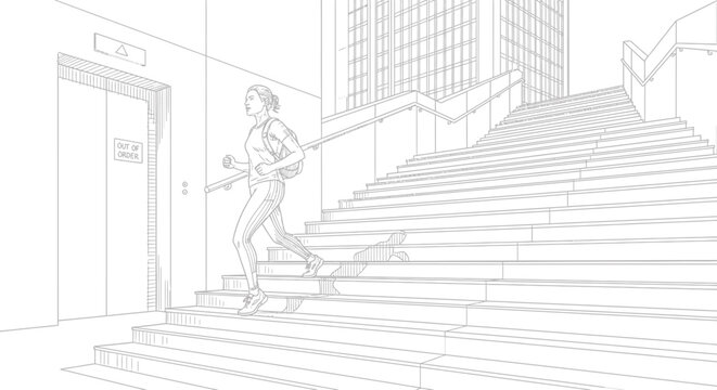 Athletic woman running up city stairs past broken elevator