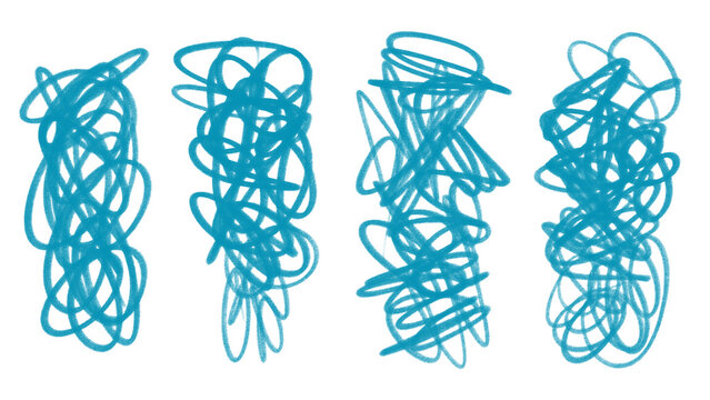Set of four messy tosca pencil scribbles with organic graphite texture. Hand drawn abstract doodles for creative artistic projects, playful branding, and modern handstyle design elements.