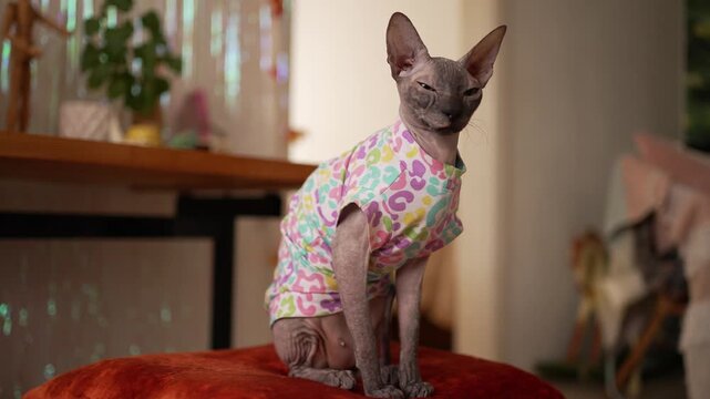 Curious gray sphynx cat with big ears sitting inside a home, dressed in a vibrant multicolored shirt. The elegant hairless pet rests on a cushion, observes its surroundings, and slowly blinks