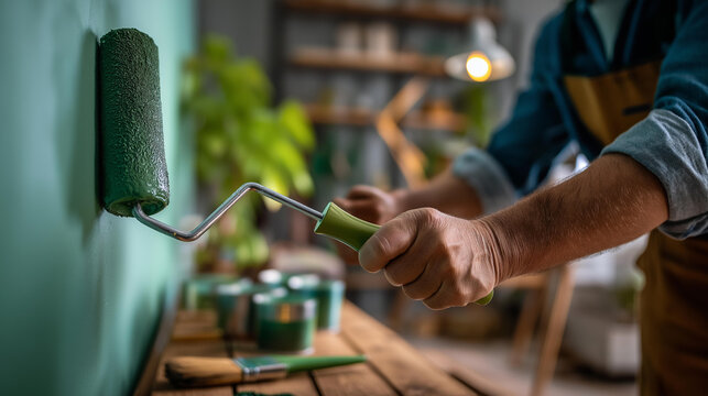Hands of professional house painter using long roller to apply green paint to wall interior skilled tradesperson performing quality residential renovation painting project