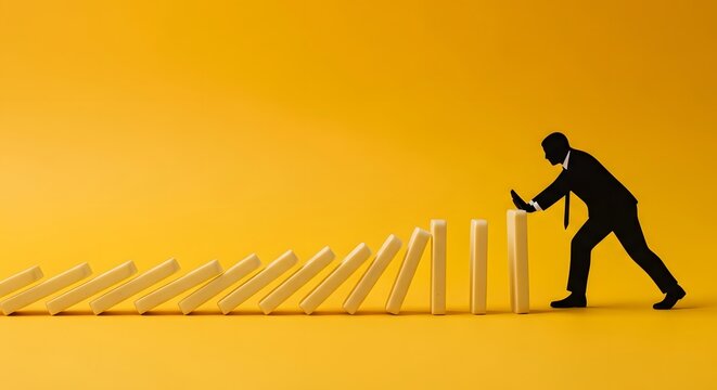 Businessperson initiates a chain reaction with falling dominoes on a vibrant yellow background