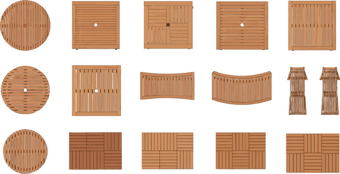 Wooden outdoor garden furniture set top view vector illustration featuring slatted timber tables benches and interlocking deck tiles isolated on white background