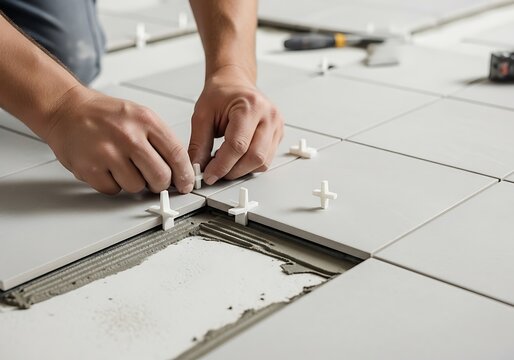 A person laying gray floor tiles with white plastic spacers on a construction site indoors