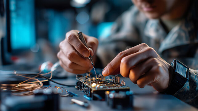 Close up hands of engineer in military uniform working on internal components of fixed wing unmanned aerial vehicle top down view of precision assembly work on advanced