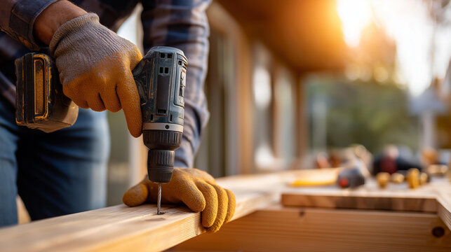 Hands of craftsman in gloves using power drill to secure wooden planks on deck frame skilled carpenter with organized building materials neatly arranged on residential worksite