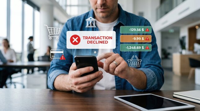Payment declined notification on mobile phone, frustrated man facing transaction error, banking failure, insufficient funds, online shopping rejection, credit card issue and