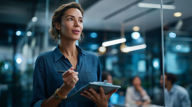 Hands of businesswoman leading live business coaching session in modern glass wall office confident professional guiding colleagues through digital planning with notebook tools
