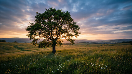 Fototapeta premium a large tree stands alone in the middle of a vast meadow.