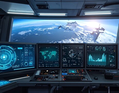 Futuristic space control room with screens displaying Earth and data