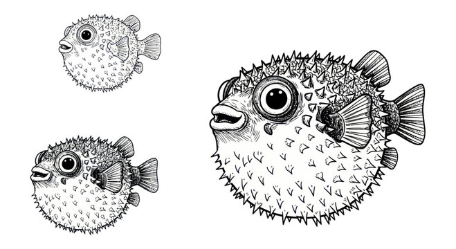 Pufferfish Illustration, Spiky Marine Life, Black and White Drawing
