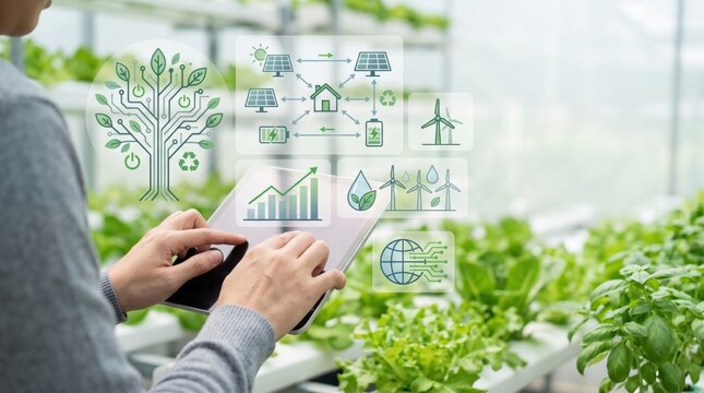 Smart agriculture technology monitoring greenhouse ecosystem via tablet, sustainable farming innovation with solar energy and water conservation icons for organic food production