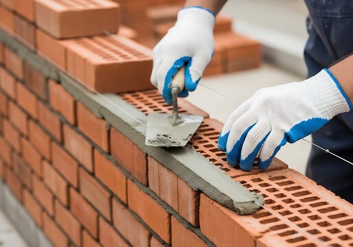 Person wearing gloves applying mortar to a brick wall with a trowel  construction worker building a brick wall
