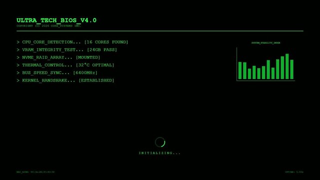 Futuristic Ultra Tech BIOS HUD with Green Digital Command Line Interface Hardware Detection and Computer System Stability Monitoring Screen.