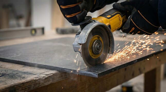 Person wearing gloves using angle grinder to cut metal sheet in workshop