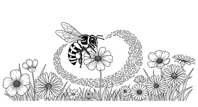 Bee flying over daisy field with heart trail illustration