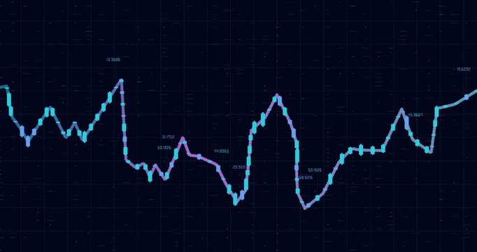 A glowing blue and pink financial line chart fluctuates across a dark grid background with numeric data labels.