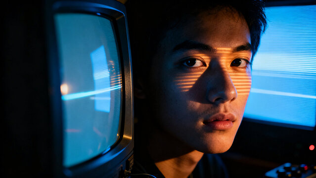 Retro Tech Gaze: A young man's face is partially illuminated by the ambient glow of old CRT monitors, casting strong horizontal shadows across his features. The moody.
