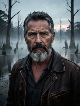 Eerie cinematic portrait of a rugged man standing 
in a dark mysterious swamp at dawn, thick white mist hovering 
over still dark water, dead trees silhouetted, 
cold blue-green tones.
