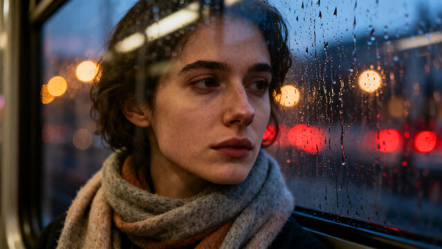 Contemplative Gaze on a Rainy Evening: A young woman with a thoughtful expression looks out a rain-streaked window, her reflection blurred amidst the bokeh of city lights.