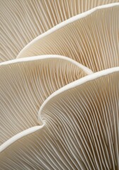 Naklejka premium Macro view shows the delicate texture of mushroom gills with curved patterns and soft lighting.