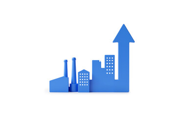 Fototapeta premium Blue Industrial Skyline Upward Arrow Factory Growth Concept Minimal Clean Surface