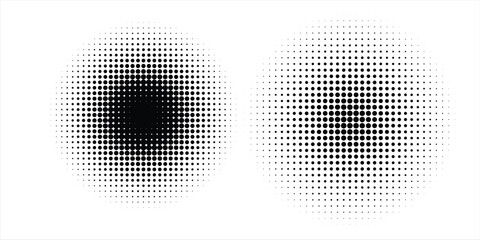 Set of halftone dots gradient pattern texture isolated on white background. Straight dotted spots using halftone circle dot raster texture. Vector blot half tone collection. © Hal