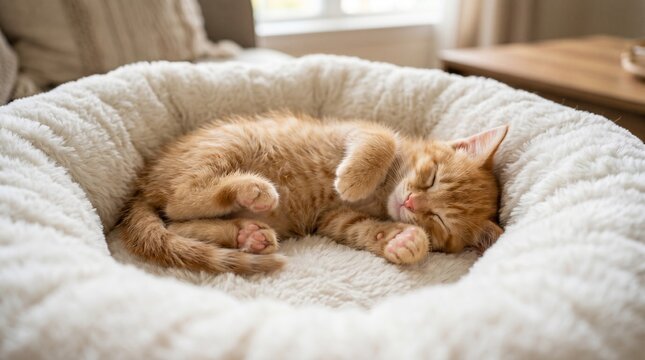 Adorable ginger kitten sleeping peacefully in a fluffy white pet bed, cozy domestic scene