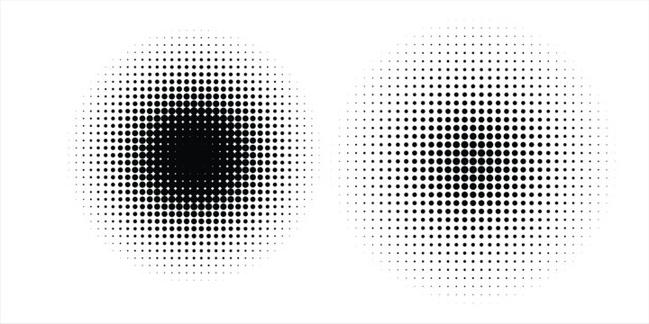 Set of halftone dots gradient pattern texture isolated on white background. Straight dotted spots using halftone circle dot raster texture. Vector blot half tone collection.