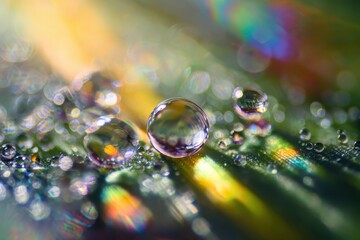 Naklejka premium Water droplets on leaf surface with rainbow light refractions