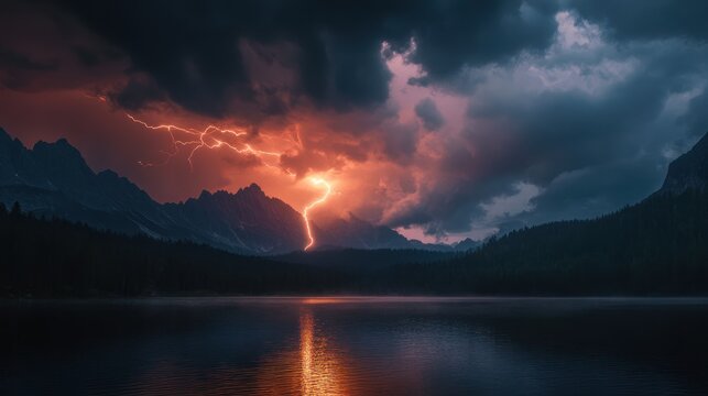 Dramatic lightning storm over serene lake and mountains at dusk