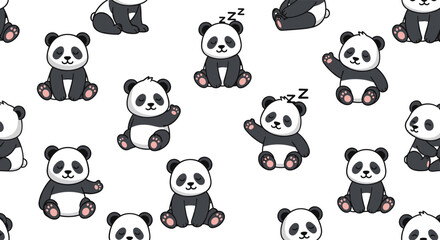 Naklejka premium A repeated wallpaper design showing various cute animated panda bears in different sleeping and waving poses against a stark white background with playful graphic elements.
