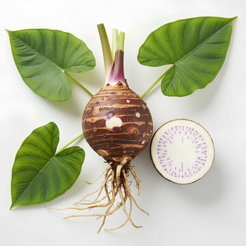 Taro root with leaves and a slice showcasing its natural form and texture.