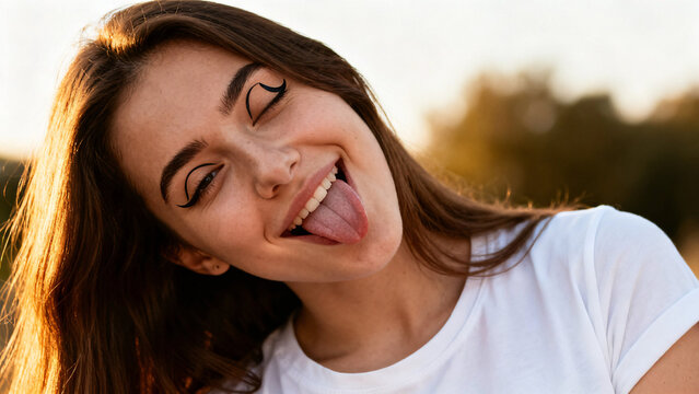  Playful Expression of Joy: A young person with closed eyes and tongue sticking out shows a genuine expression of joy, capturing a lighthearted and carefree moment.