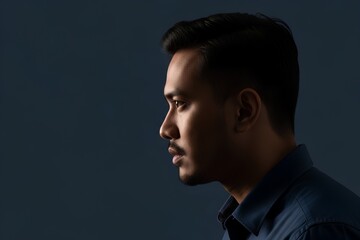 Fototapeta premium Young Asian Man Profile Portrait Dark Background Blue Shirt Cinematic Photography Copy Space Isolated