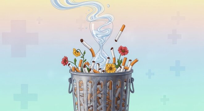 Green sprout emerging from broken ashtray with cigarette butts, symbolizing renewal and hope for World No Tobacco Day