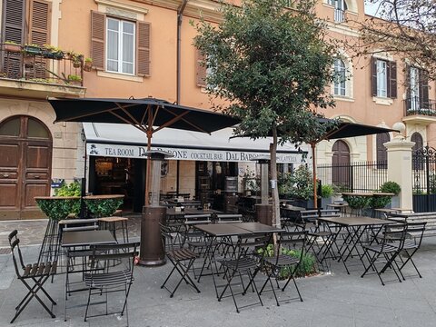 Ostia, Rome, Italy - March 2, 2026, view of tables and chairs at a bar in the early morning hours in the center of the Ostia Lido neighborhood.