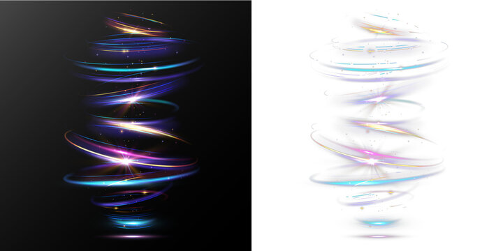 light spiral neon trails PNG with glowing vortex motion and colorful swirl lines abstract futuristic background