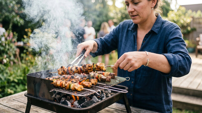 Smiling young woman standing outdoors flipping hot meat skewers on a charcoal barbecue grill with rising thick smoke