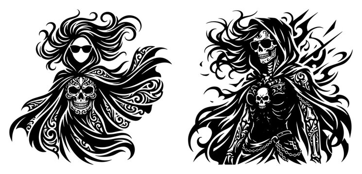 Female grim reaper figure with flowing cloak and skull gothic dark fantasy silhouette style