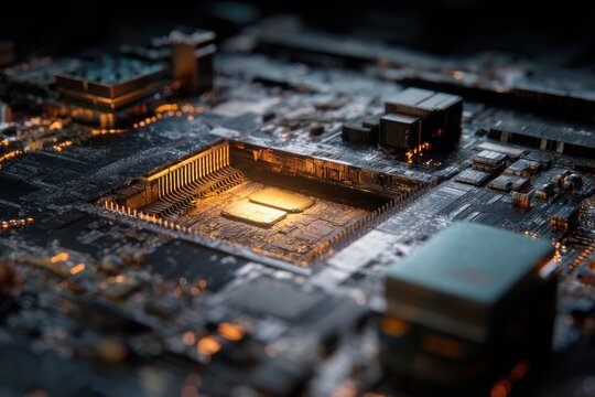 Computer motherboard circuit board with glowing orange lights