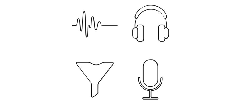 Vector icon set collection of 4 minimalist line art symbols featuring an audio sound wave with noise reduction flatline, studio headphones, a data filter funnel, and a broadcast microphone.