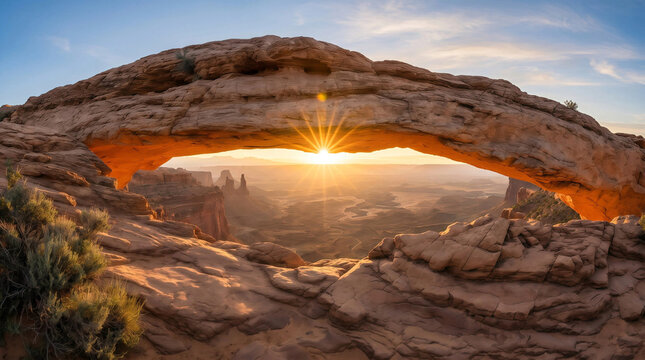 Breathtaking sunrise view through a large natural stone arch overlooking a dramatic deep canyon landscape valley